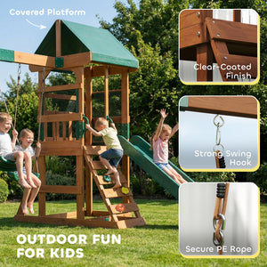 Outdoor play structure with slide, 2 swings, climbing wall and covered deck, outdoor children's play area