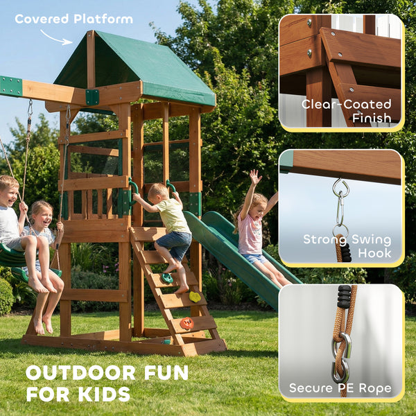 Outdoor play structure with slide, 2 swings, climbing wall and covered deck, outdoor children's play area