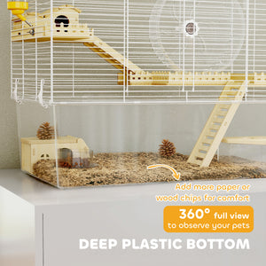Deep Hamster Cage, Wooden Ramp, Hut, Exercise Wheel for Hamster and Gerbil, White