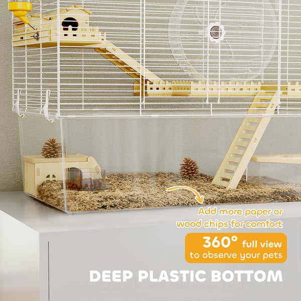 Deep Hamster Cage, Wooden Ramp, Hut, Exercise Wheel for Hamster and Gerbil, White