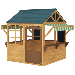 Foldable Wooden Outdoor Playhouse with Functional Door, Rain Cover, Chalkboards, Brown
