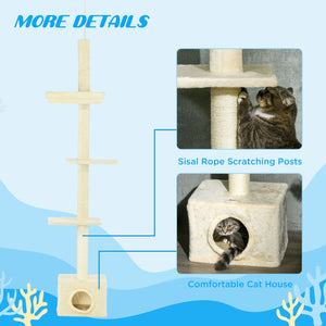 Floor-to-ceiling cat tree with scratching post, house and bed, beige