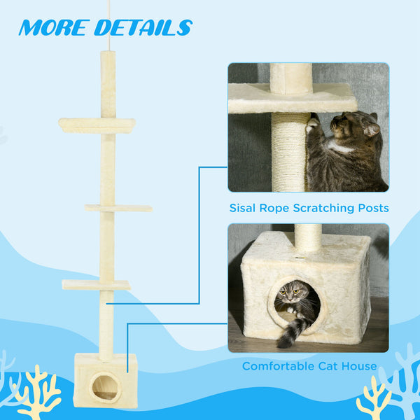 Floor-to-ceiling cat tree with scratching post, house and bed, beige