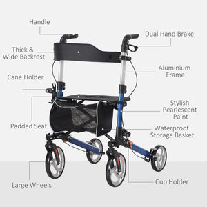 Lightweight folding walker with large seat, backrest and adjustable handle blue