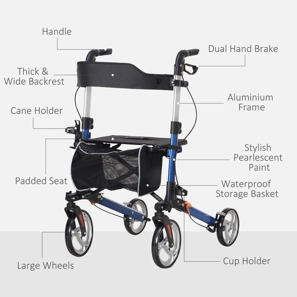 Lightweight folding walker with large seat, backrest and adjustable handle blue