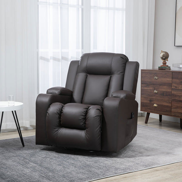 360° Swivel Leather Recliner Chair with Vibration and Cup Holders, Brown