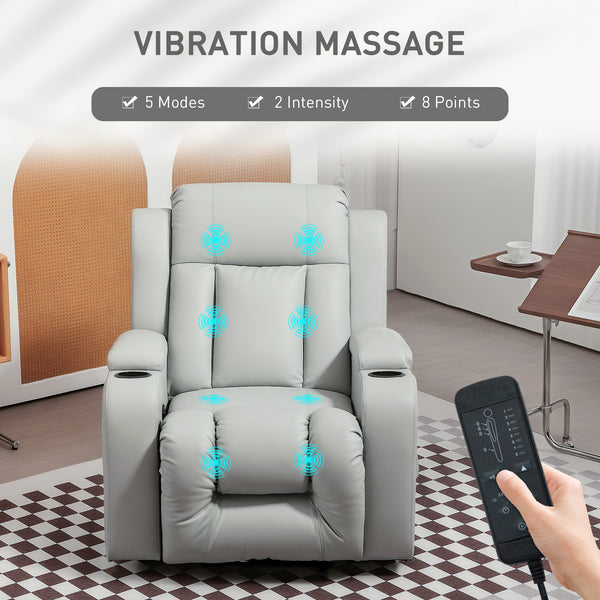 Recliner Chair with 8 Vibrations, PU Leather Upholstered Recliner with Wide Seat, Cup Holders, Rocker, Light Grey