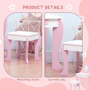 Dressing table and chairs set with drawer and mirror, pink
