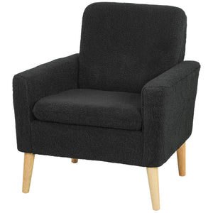 Fabric accent chair with wooden legs and wide padded seat, black