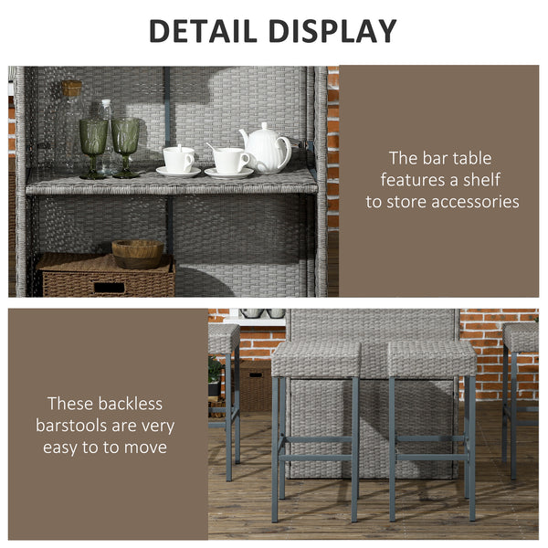 5-Piece Patio Bar Set, Synthetic Rattan Table and High Chairs, with Tempered Glass Top, Grey