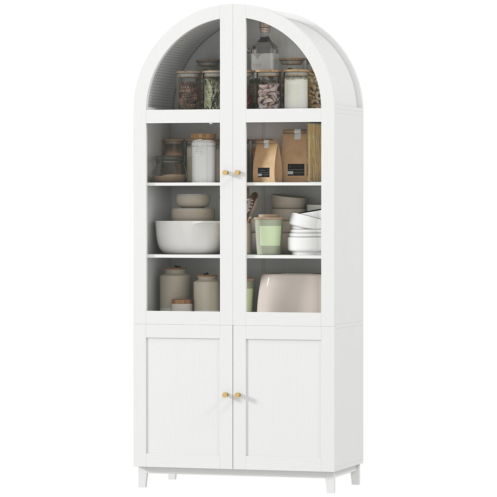 Tall white pantry with arched doors, cabinets and adjustable shelves, white