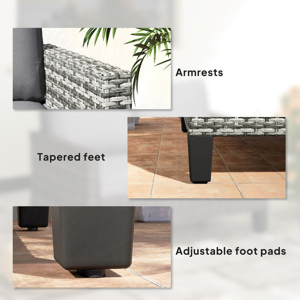 Two-seater outdoor rattan sofa with cushions and armrests, dark grey