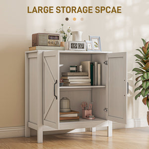 Kitchen buffet with barn-style sliding door and adjustable shelves, white wood look.