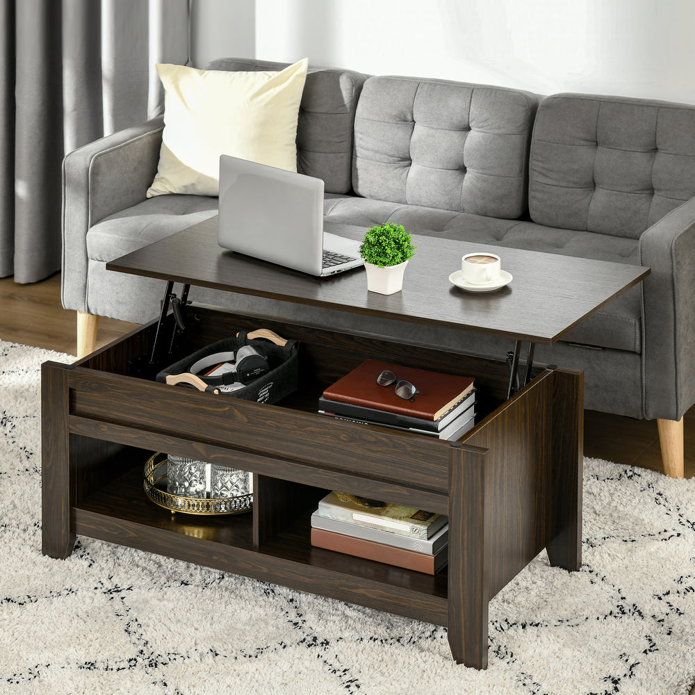 Lift-top coffee table with hidden storage and open shelves, dark walnut