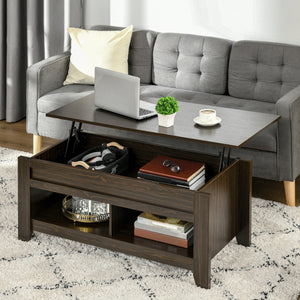 Lift-top coffee table with hidden storage and open shelves, dark walnut