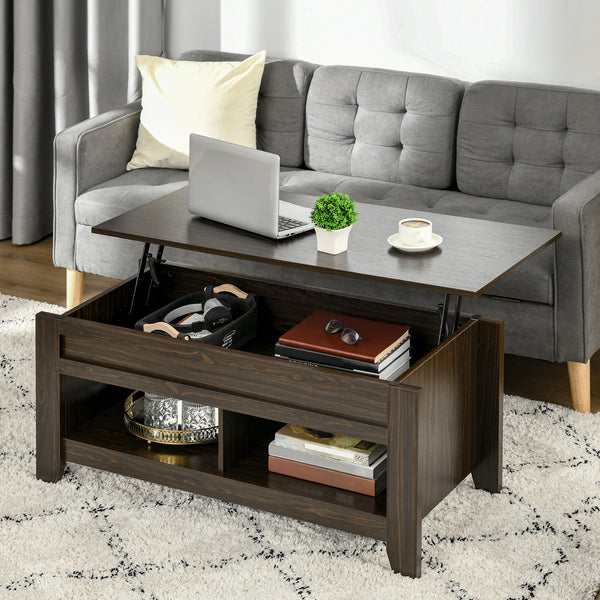 Lift-top coffee table with hidden storage and open shelves, dark walnut