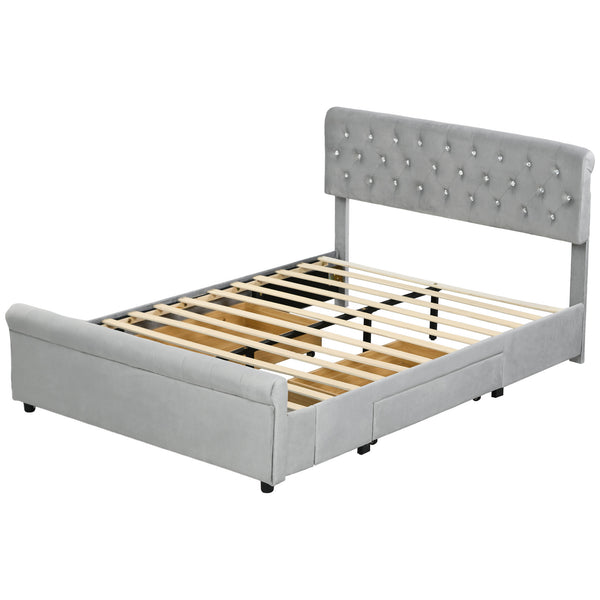 Double bed frame with headboard, 2 drawers, without slatted base, light grey