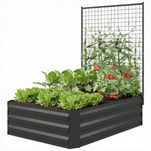 Jardinière surélevée galvanisée avec treillis pour plantes grimpantes, bac à fleurs d'extérieur à fond ouvert, noir