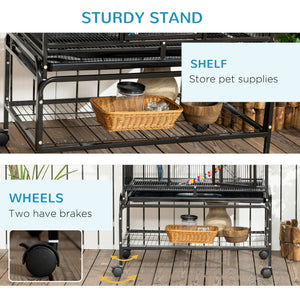 Bird Cage with Wheels, Perches, Ramp, Storage Shelf, Toys for Canaries, Finches, Cockatiels and Parakeets, Black