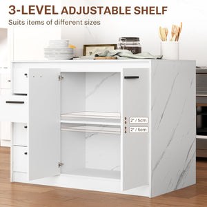 Kitchen island with storage unit, 4 drawers and adjustable shelf in marble effect and white