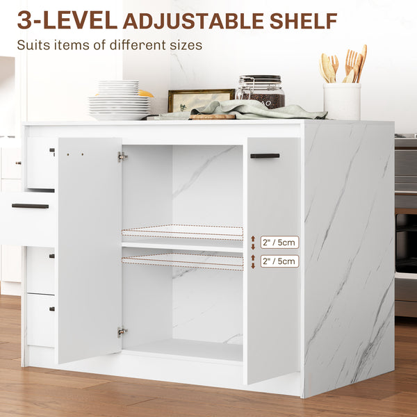 Kitchen island with storage unit, 4 drawers and adjustable shelf in marble effect and white
