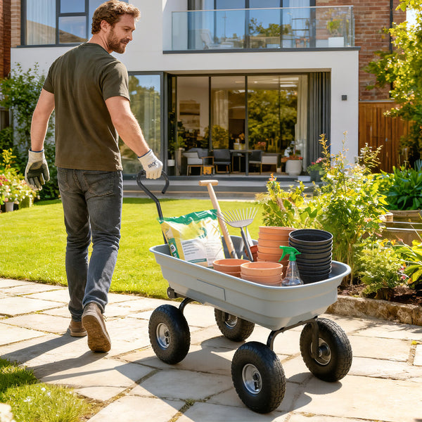 Steel garden cart with handle and 10-inch pneumatic tires,