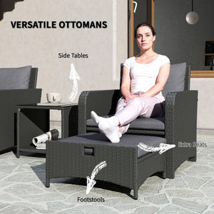 5 Piece Rattan Furniture Set with Two-Tier Coffee Table and Ottomans, Grey