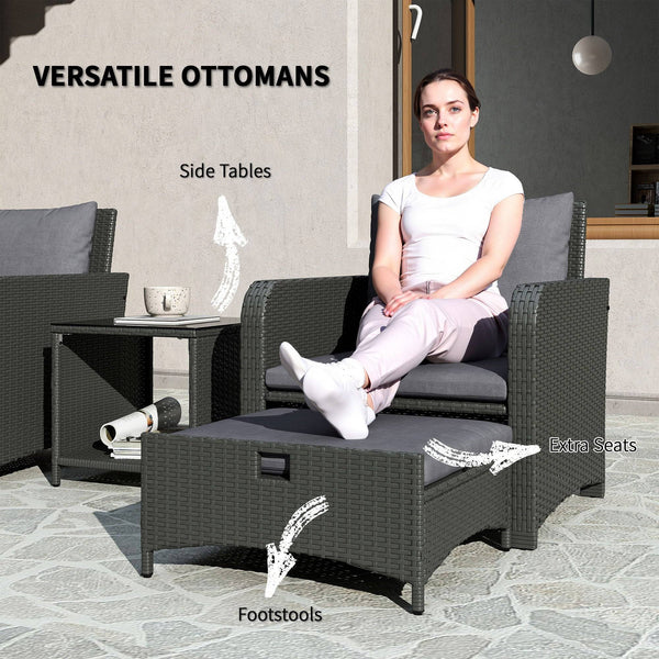 5 Piece Rattan Furniture Set with Two-Tier Coffee Table and Ottomans, Grey