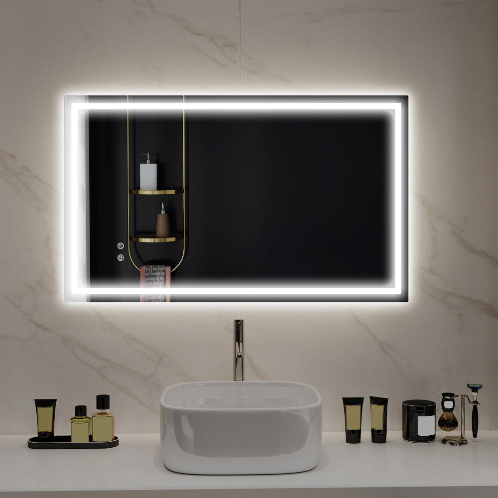Bathroom mirror with LED lighting, anti-fog coating and touch button 