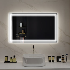Bathroom mirror with LED lighting, anti-fog coating and touch button 