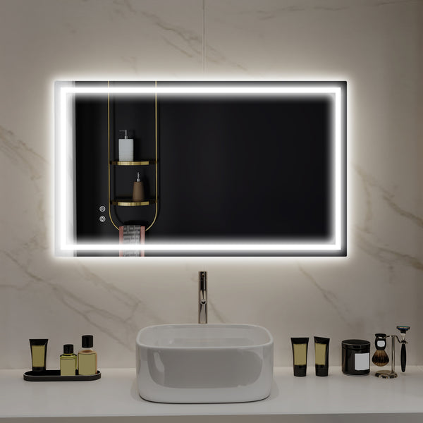 Bathroom mirror with LED lighting, anti-fog coating and touch button 