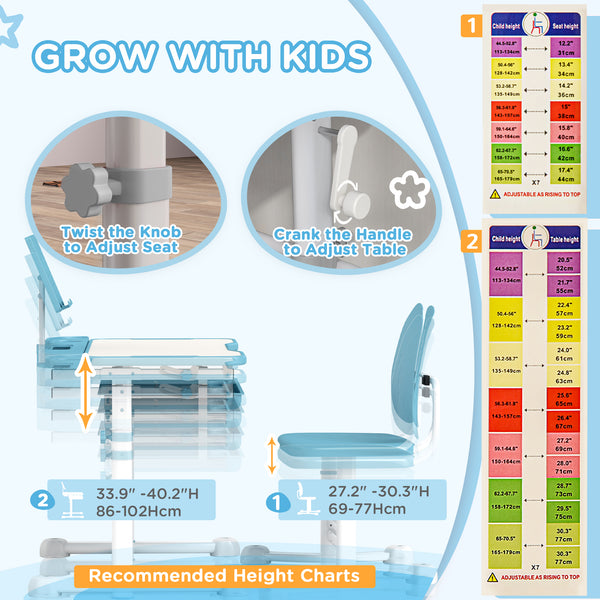 Height Adjustable Kids Desk and Chair Set with Tilting Top, Blue