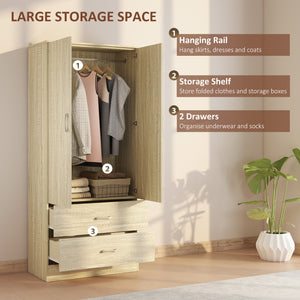 Wardrobe with hanging rail and 2 doors, clothes storage with 2 drawers, oak