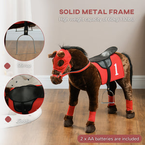 Horse to ride with neighing, saddle and stirrups, brown