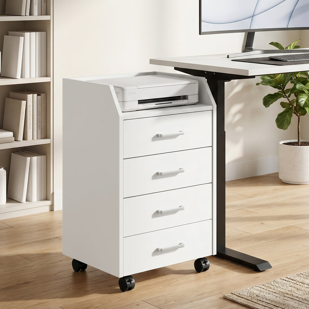 4-drawer mobile file cabinet with casters and brakes – White