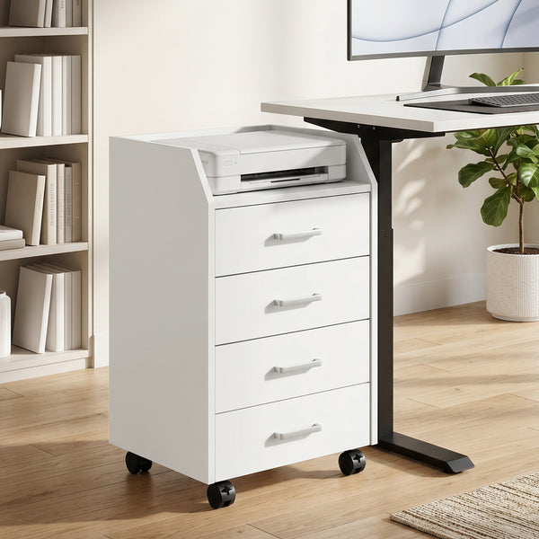 4-drawer mobile file cabinet with casters and brakes – White