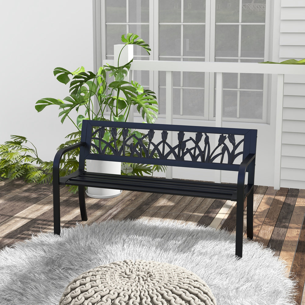 Metal Outdoor Bench with Curved Armrests and Slatted Seat for Patio, Black