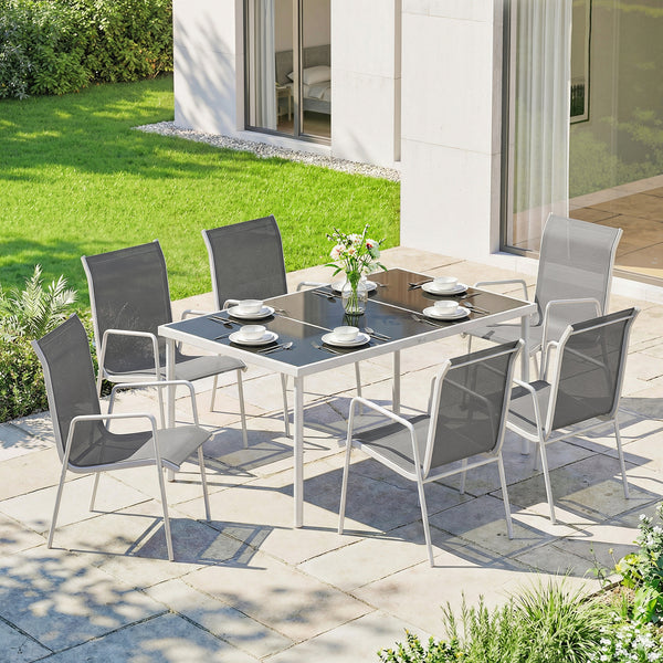 7-piece garden dining set, including a rectangular table and 6 stackable chairs.