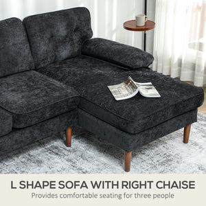 Modern corner sofa with right chaise longue, 3 seater upholstered with wooden legs, black