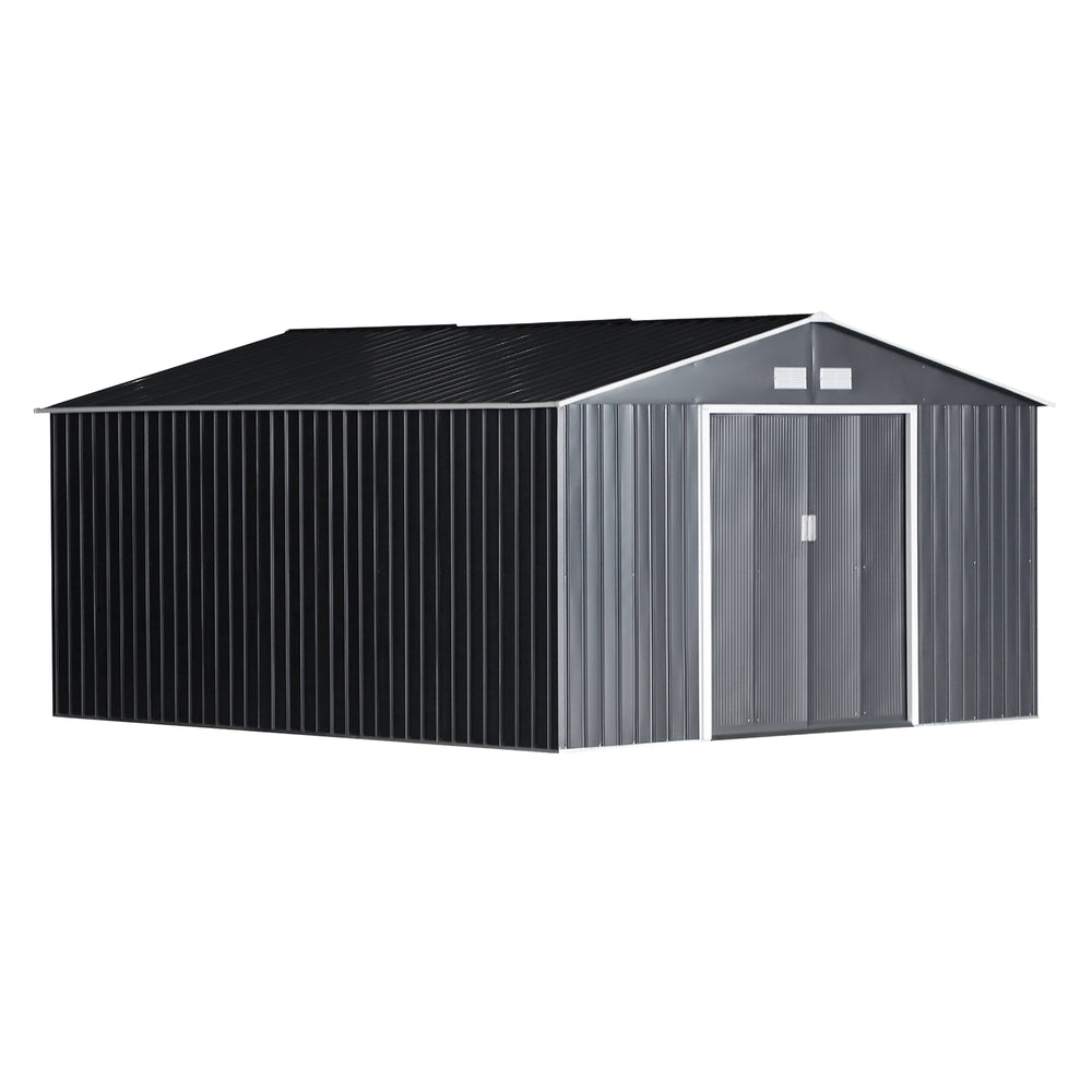 Garden shed with 4 ventilation slots and double sliding door, grey