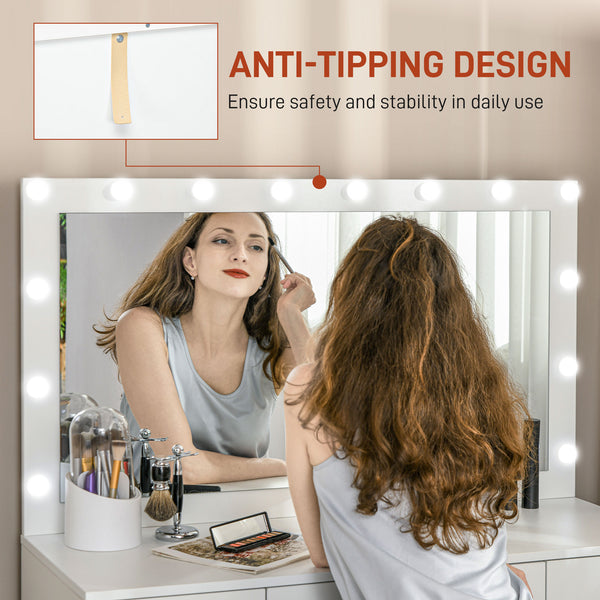 Dressing table with mirror and lighting, 7 drawers and 14 LEDs, white