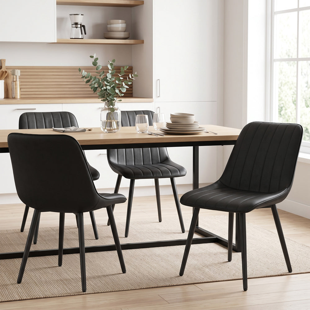 Set of 4 faux leather dining chairs with metal legs, black