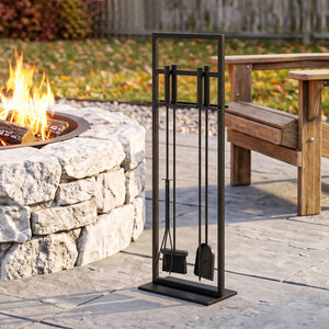 5-piece fireplace tool set with stand, shovel, brush, poker, and tongs – Black