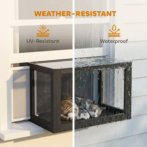 Adjustable outdoor cat enclosure with waterproof roof for window, 61 x 47 x 41 cm, black and white