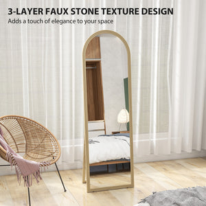 Full length arched floor mirror with faux stone frame, beige
