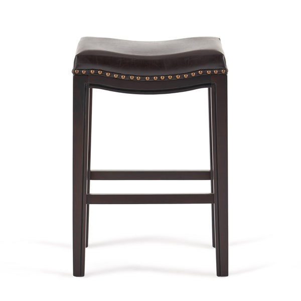 Set of 2 contemporary studded bar stools, rubberwood saddle seat, brown