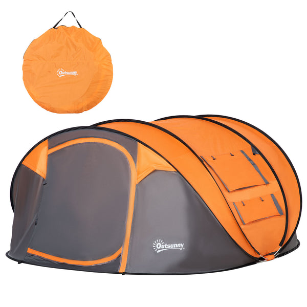4 Person Camping Tent, Easy to Set Up with Doors, Windows and Carry Bag, Self-Setting, Orange