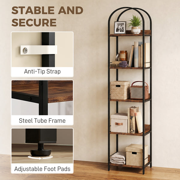 Narrow 5-tier arched bookshelf with metal frame – Rustic brown and black
