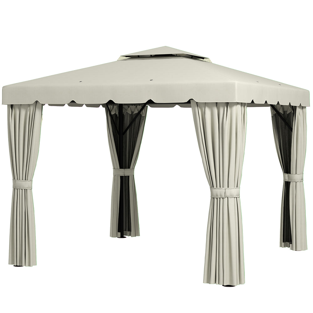 Gazebo d’extérieur 10 x 10 pieds blanc crème avec double toit souple, rideaux et moustiquaires – abri de jardin idéal pour patio ou terrasse
