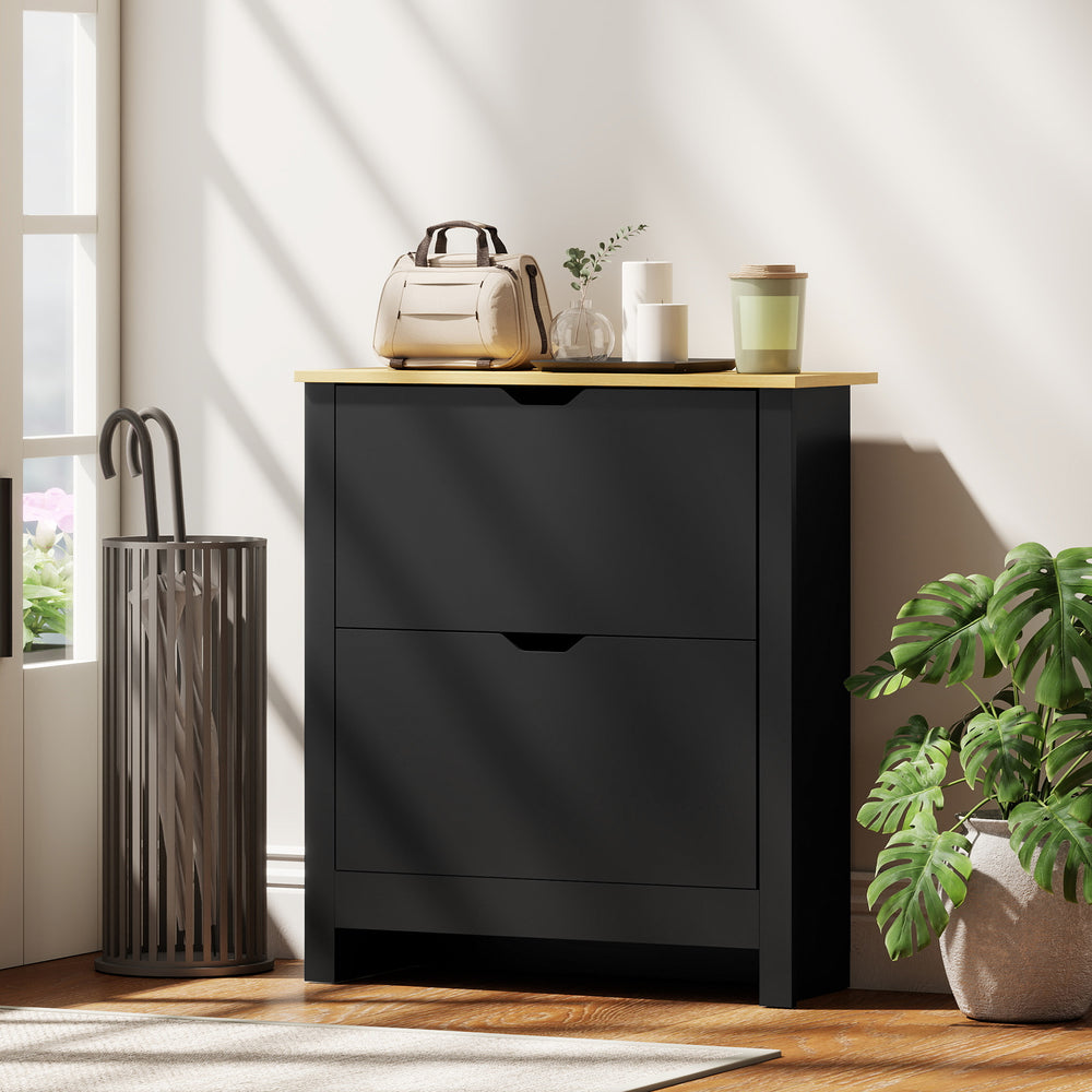 Shoe cabinet with 2 tilt-out drawers and adjustable shelves for 8 to 12 pairs of shoes, black